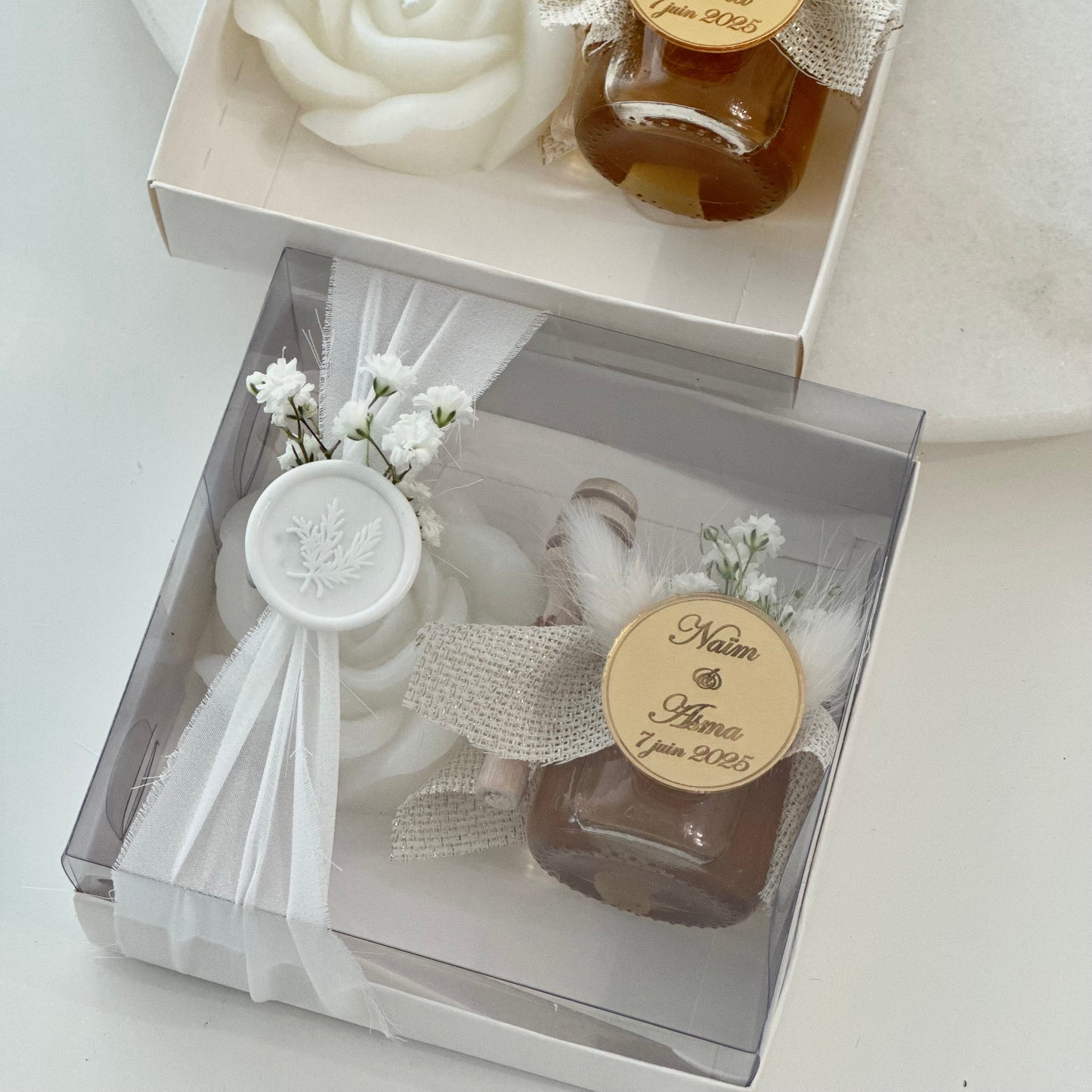 Coffret bougie rose + pot de miel đŻ