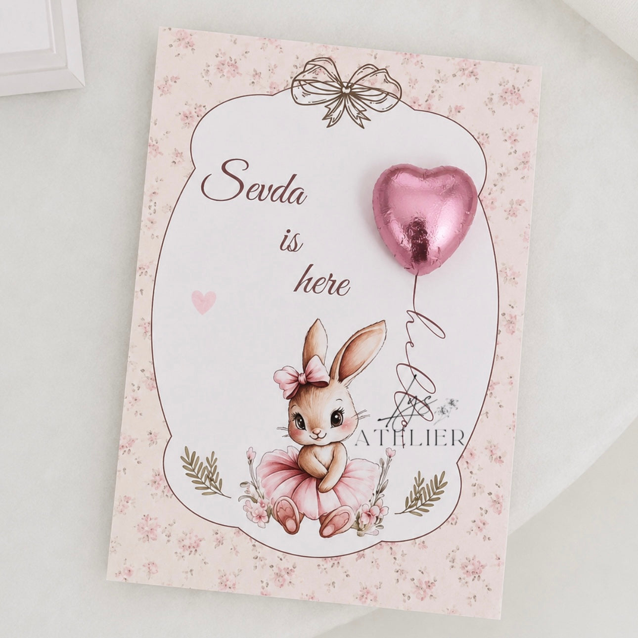 Carte personnalisée avec chocolat cœur – Cadeau invité naissance, baptême & baby shower