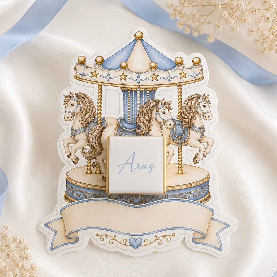Carte Carrousel & Chocolat personnalisé – Cadeau invité Naissance / Baptême