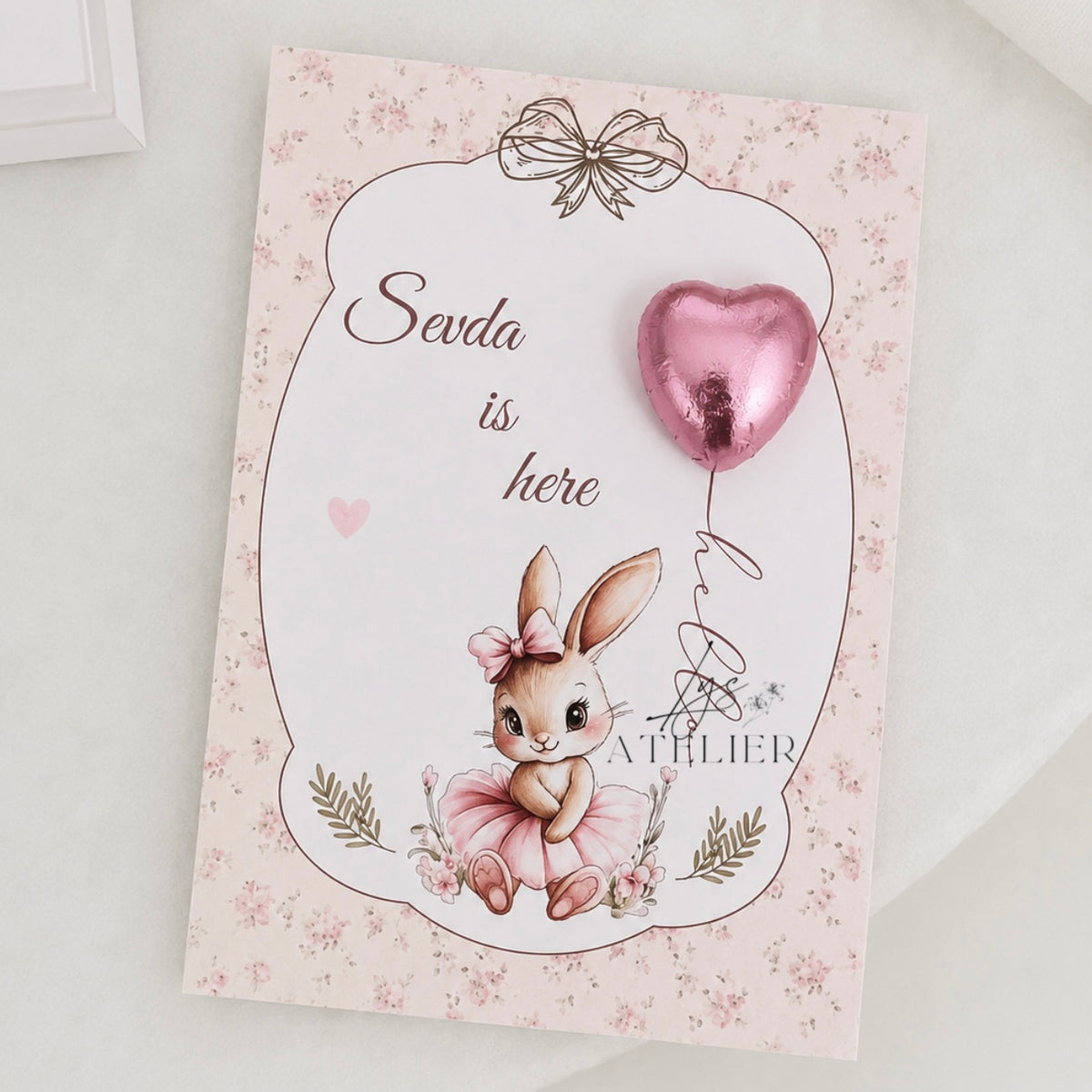 Carte personnalisée avec chocolat cœur – Cadeau invité naissance, baptême & baby shower