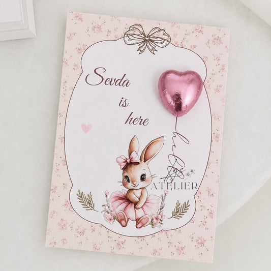 Carte personnalisée avec chocolat cœur – Cadeau invité naissance, baptême & baby shower
